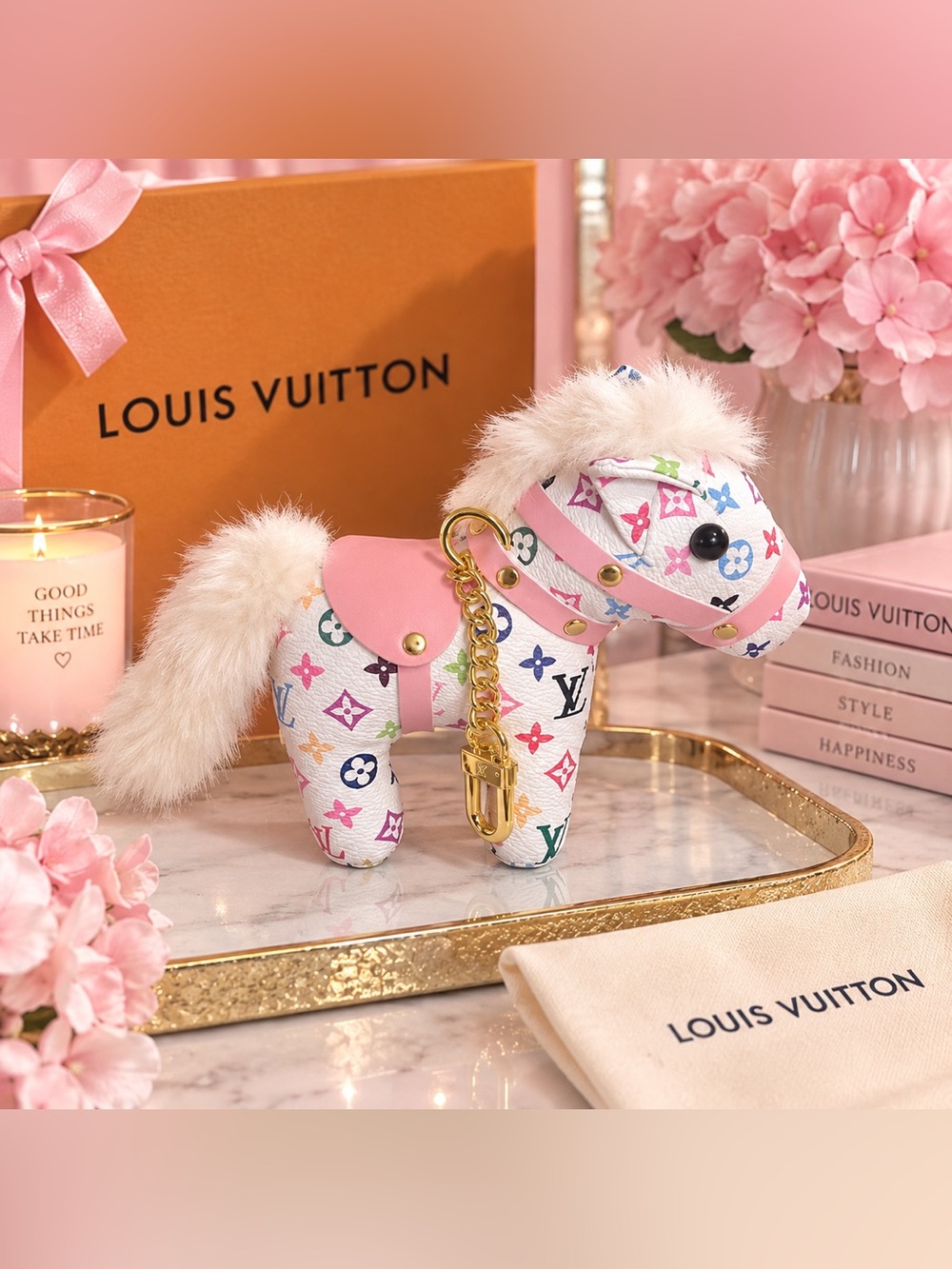 White Multicolor Pony Plush Bag Charm with Pink Accents